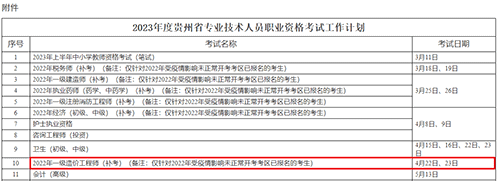 贵州省一级造价工程师补考时间：2023年4月22日-23日